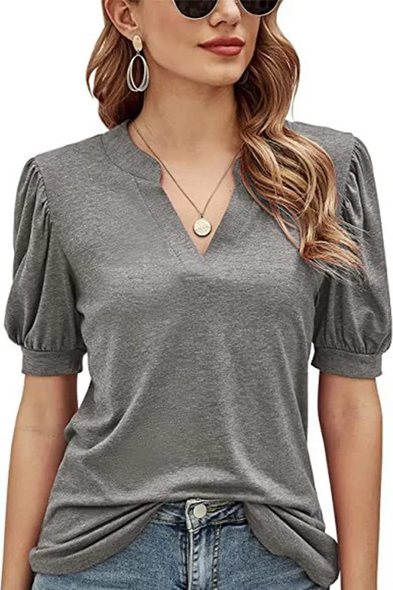 V NECK WRINKLED PUFF SLEEVE LOOSE TOP