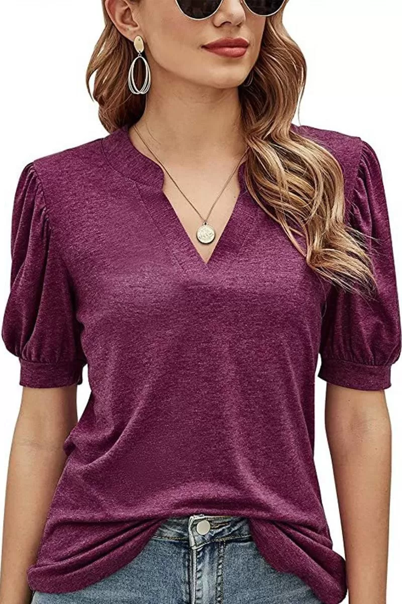 V NECK WRINKLED PUFF SLEEVE LOOSE TOP