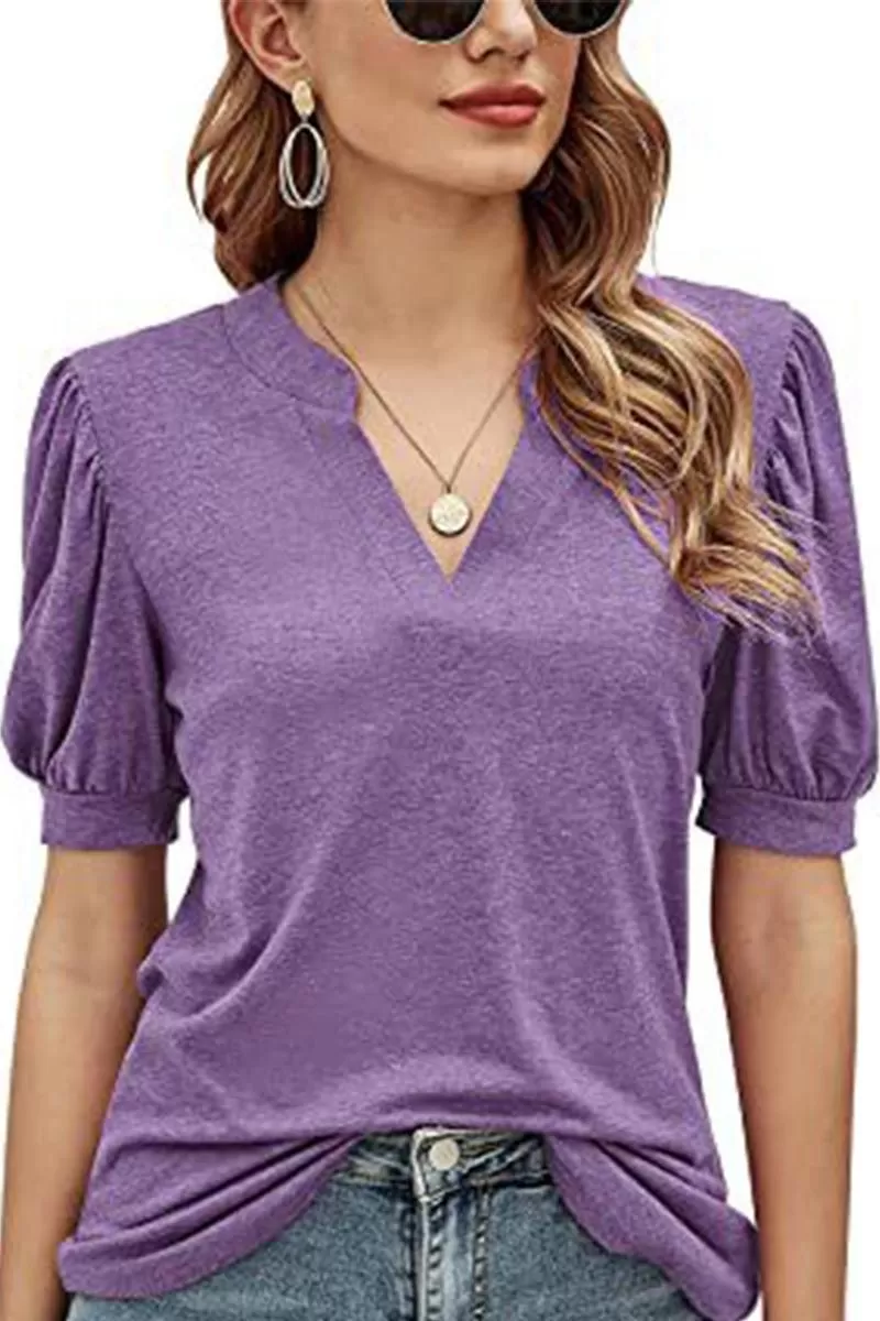 V NECK WRINKLED PUFF SLEEVE LOOSE TOP