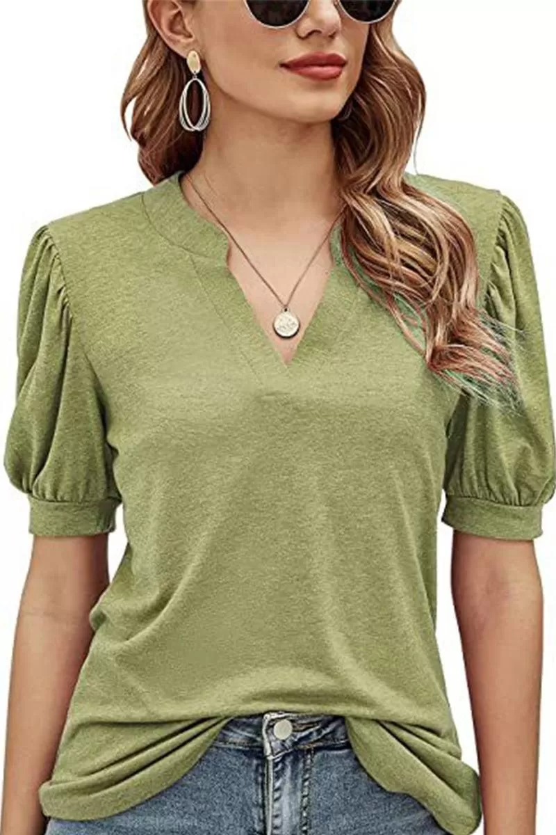 V NECK WRINKLED PUFF SLEEVE LOOSE TOP