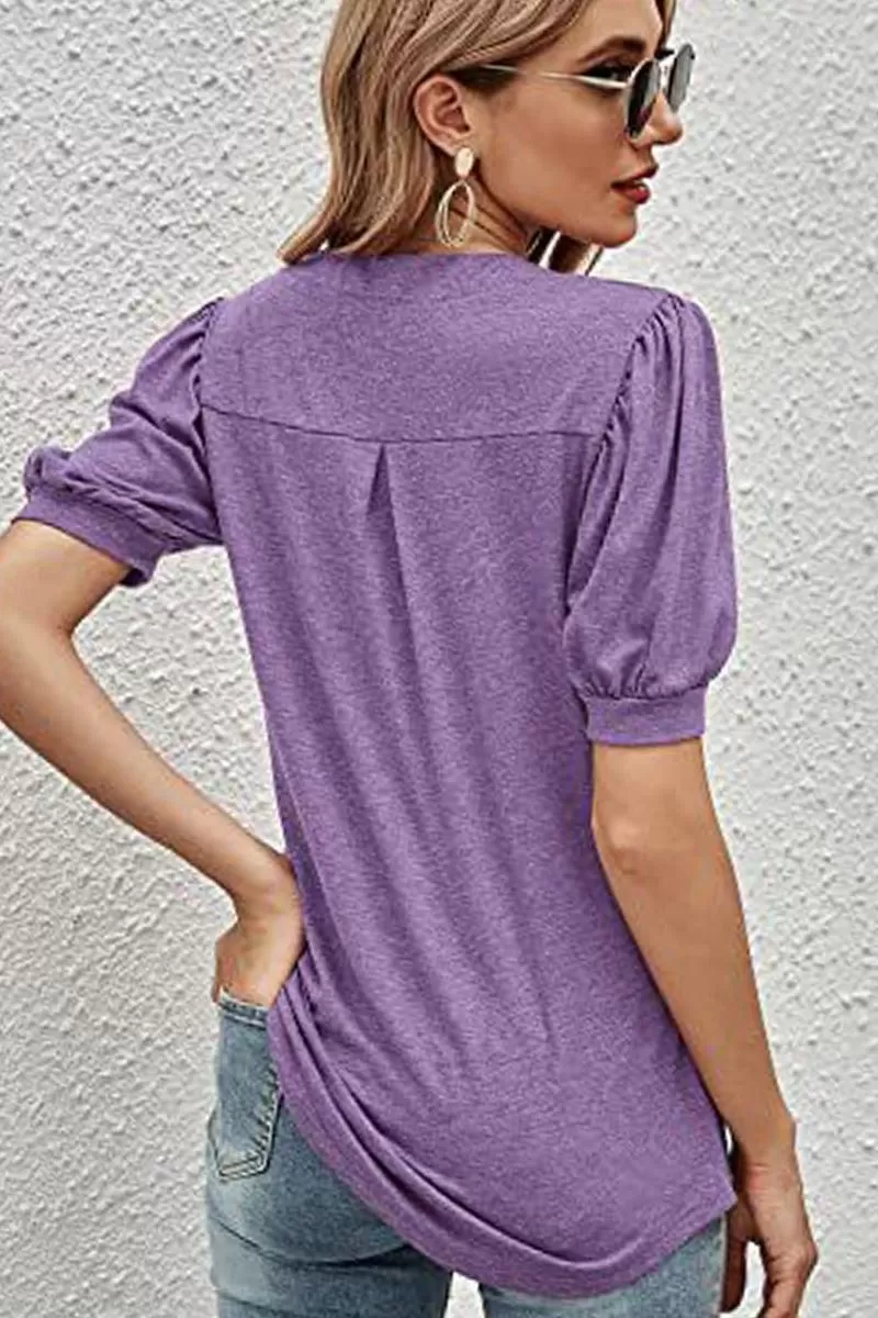 V NECK WRINKLED PUFF SLEEVE LOOSE TOP