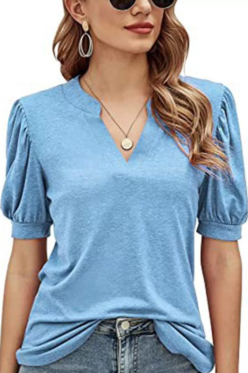 V NECK WRINKLED PUFF SLEEVE LOOSE TOP