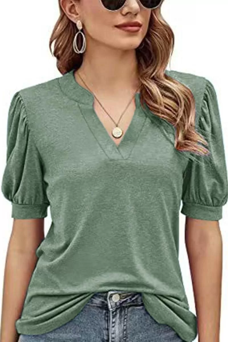 V NECK WRINKLED PUFF SLEEVE LOOSE TOP