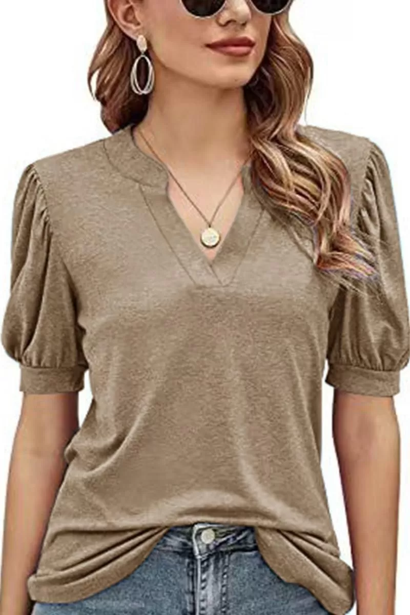 V NECK WRINKLED PUFF SLEEVE LOOSE TOP