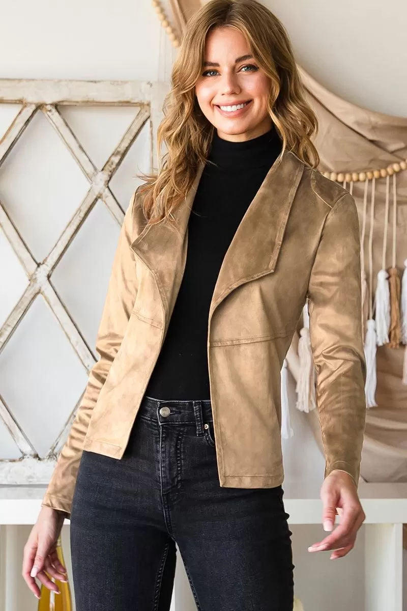 WATERFALL FAUX SUEDE OVER HIP LENGTH JACKET