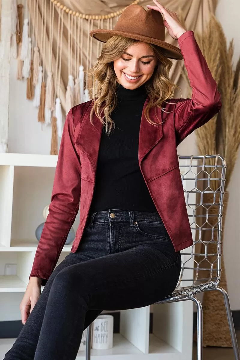 WATERFALL FAUX SUEDE OVER HIP LENGTH JACKET