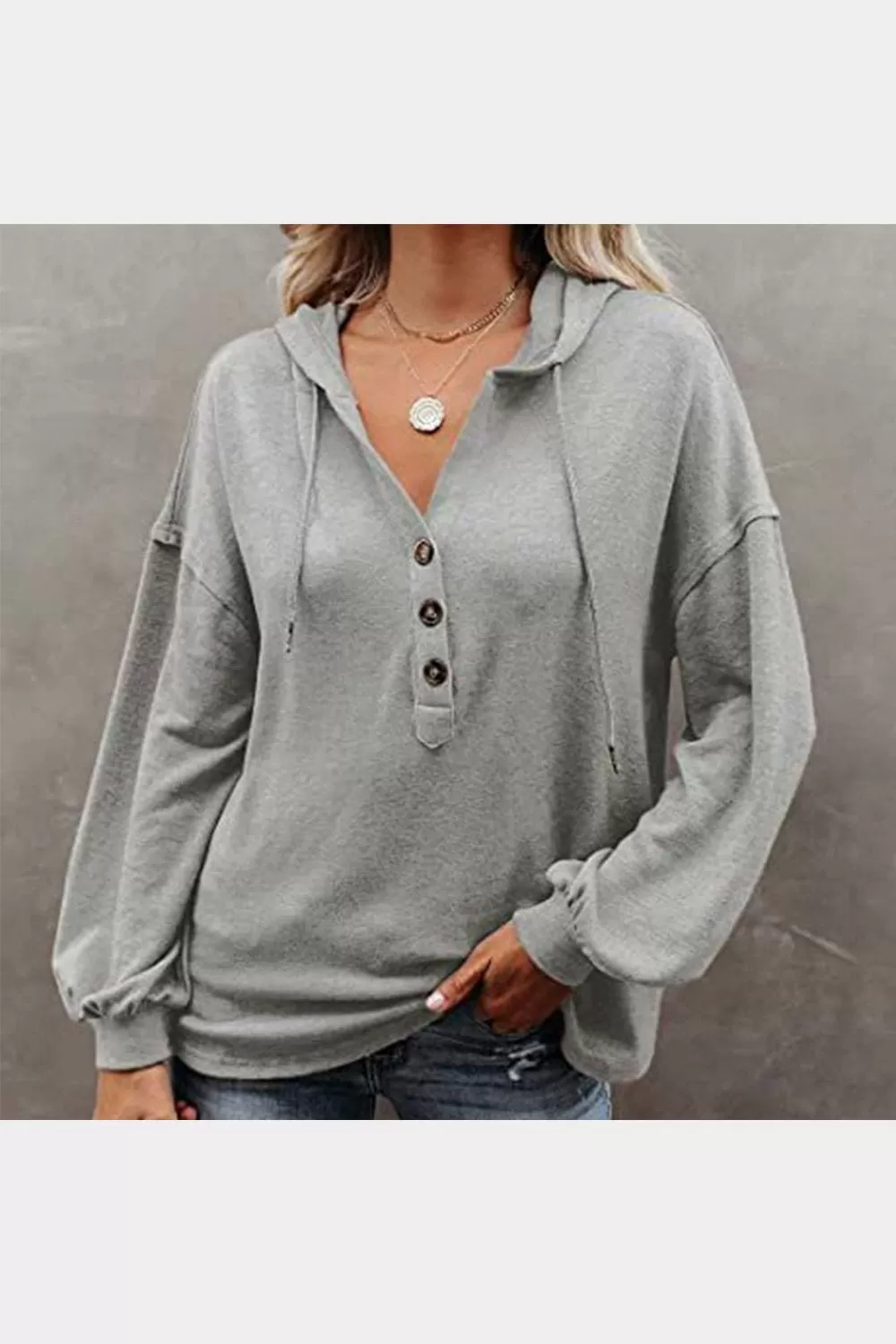 WOMEN BUTTON NECK OVERSIZED HOODIE PULLOVER