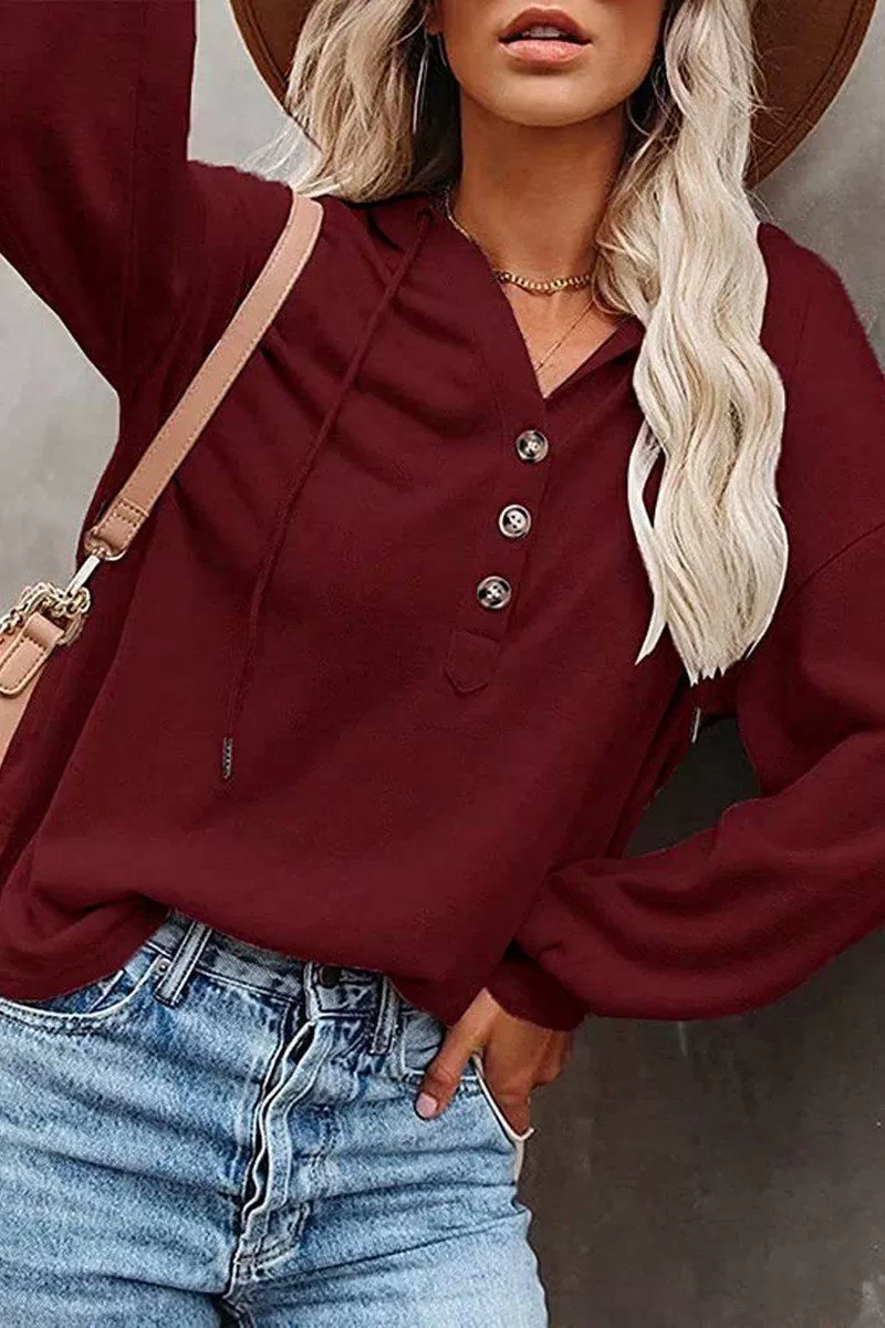 WOMEN BUTTON NECK OVERSIZED HOODIE PULLOVER