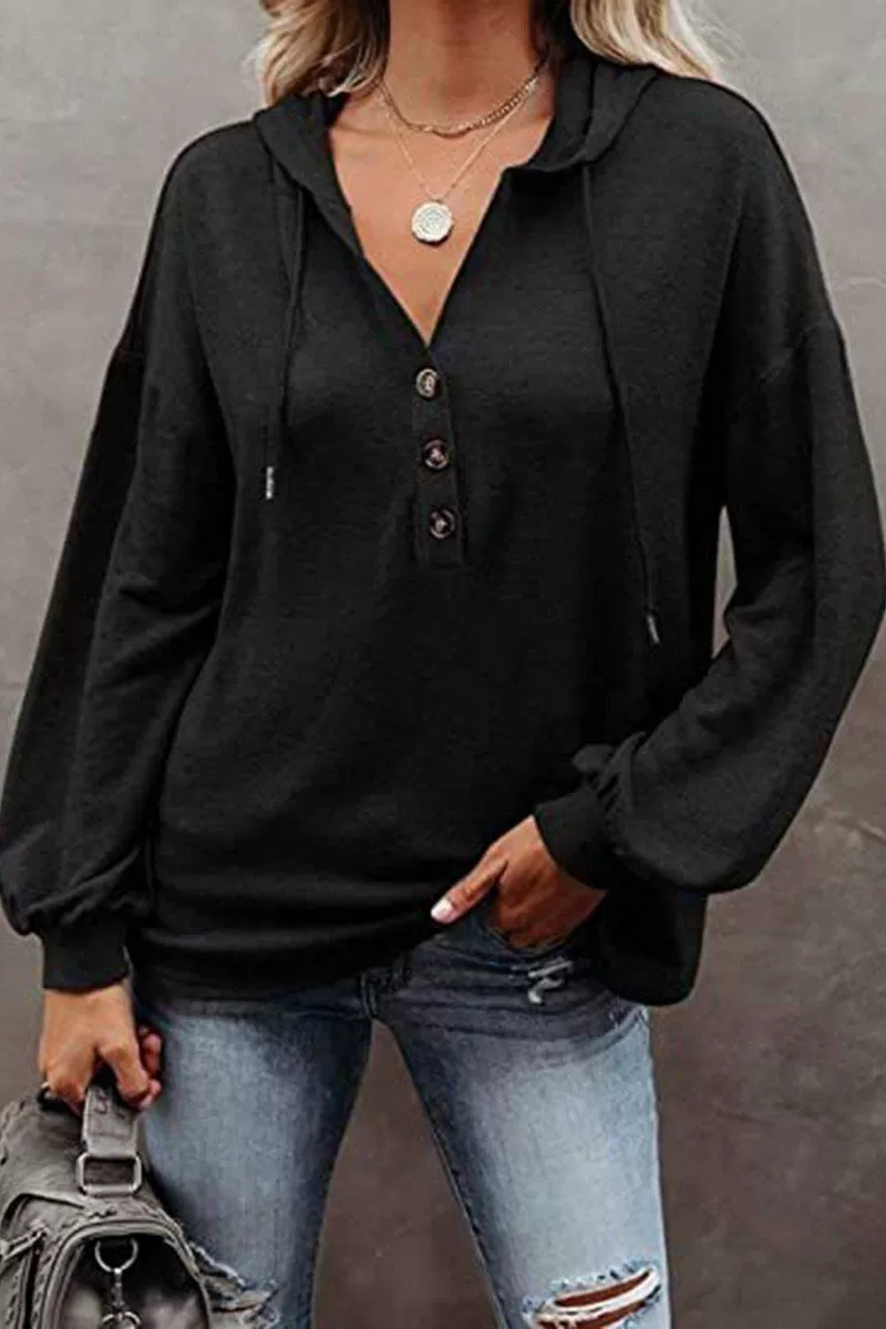 WOMEN BUTTON NECK OVERSIZED HOODIE PULLOVER