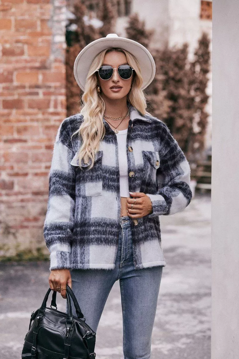 WOMEN BUTTON PLAID JACKET WITH POCKETS