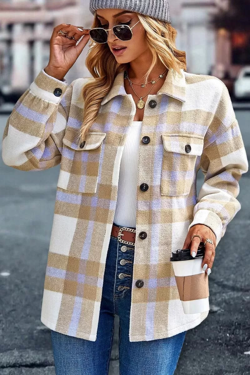 WOMEN BUTTON UP PLAID SHACKET WITH POCKETS