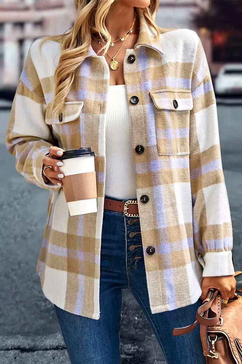 WOMEN BUTTON UP PLAID SHACKET WITH POCKETS