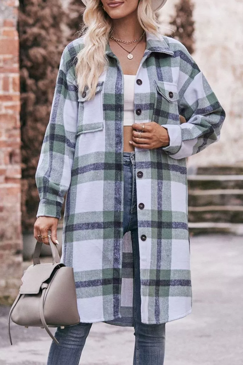 WOMEN CASUAL FLANNEL PLAID LONG BUTTON UP COAT