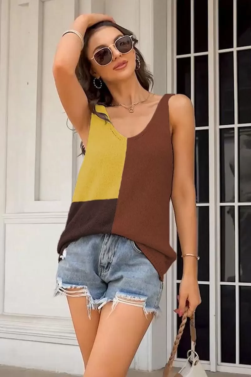 WOMEN COLOR BLOCK SLEEVELESS TANK T SHIRT