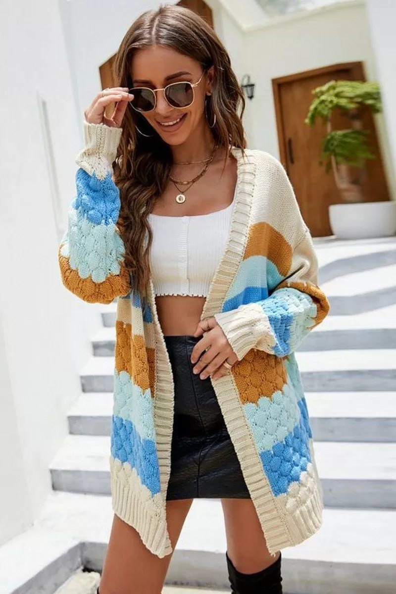 WOMEN QUILTED STRIPE PATTERN RIBBED KNIT CARDIGAN