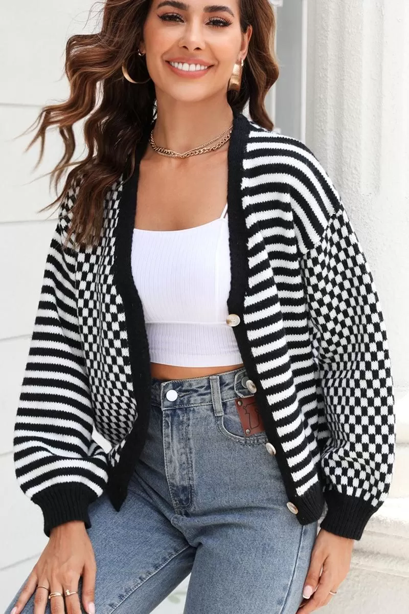 WOMEN STRIPE AND PLAID PATTERN BUTTON UP CARDIGAN