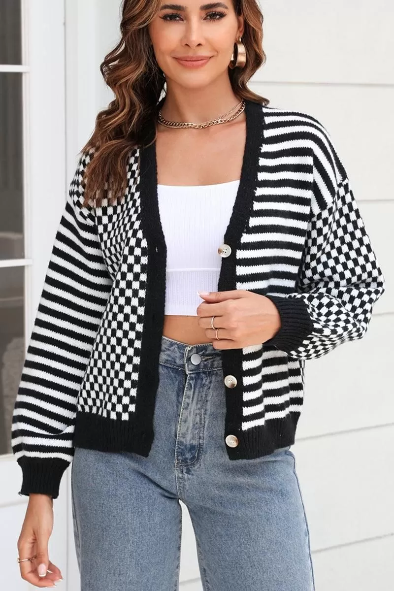 WOMEN STRIPE AND PLAID PATTERN BUTTON UP CARDIGAN