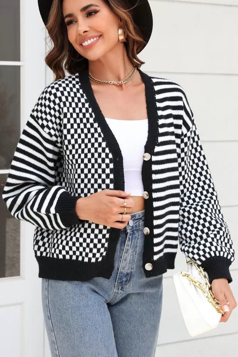 WOMEN STRIPE AND PLAID PATTERN BUTTON UP CARDIGAN