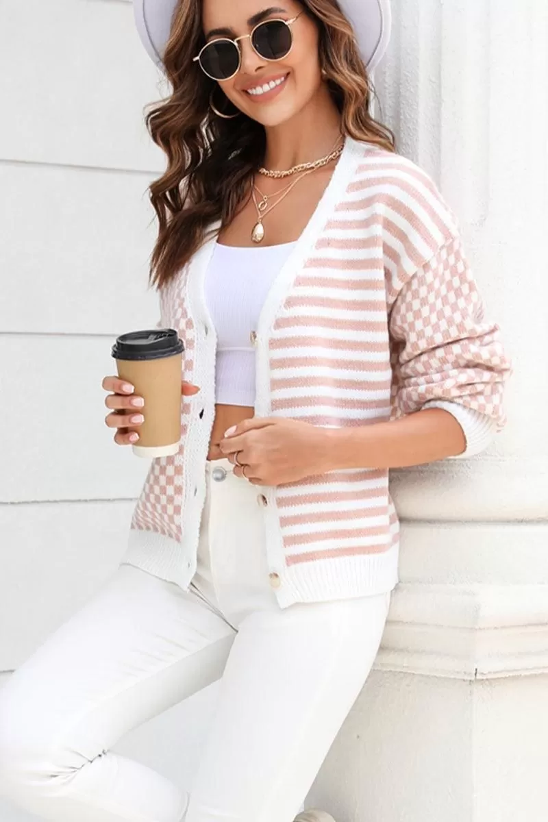 WOMEN STRIPE AND PLAID PATTERN BUTTON UP CARDIGAN