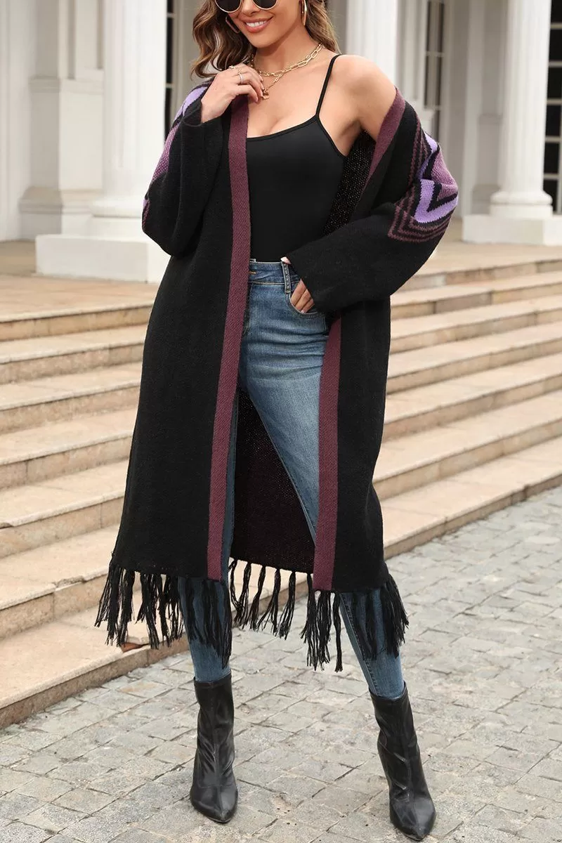 WOMEN TASSEL HEM PATTERNED LONG CARDIGAN