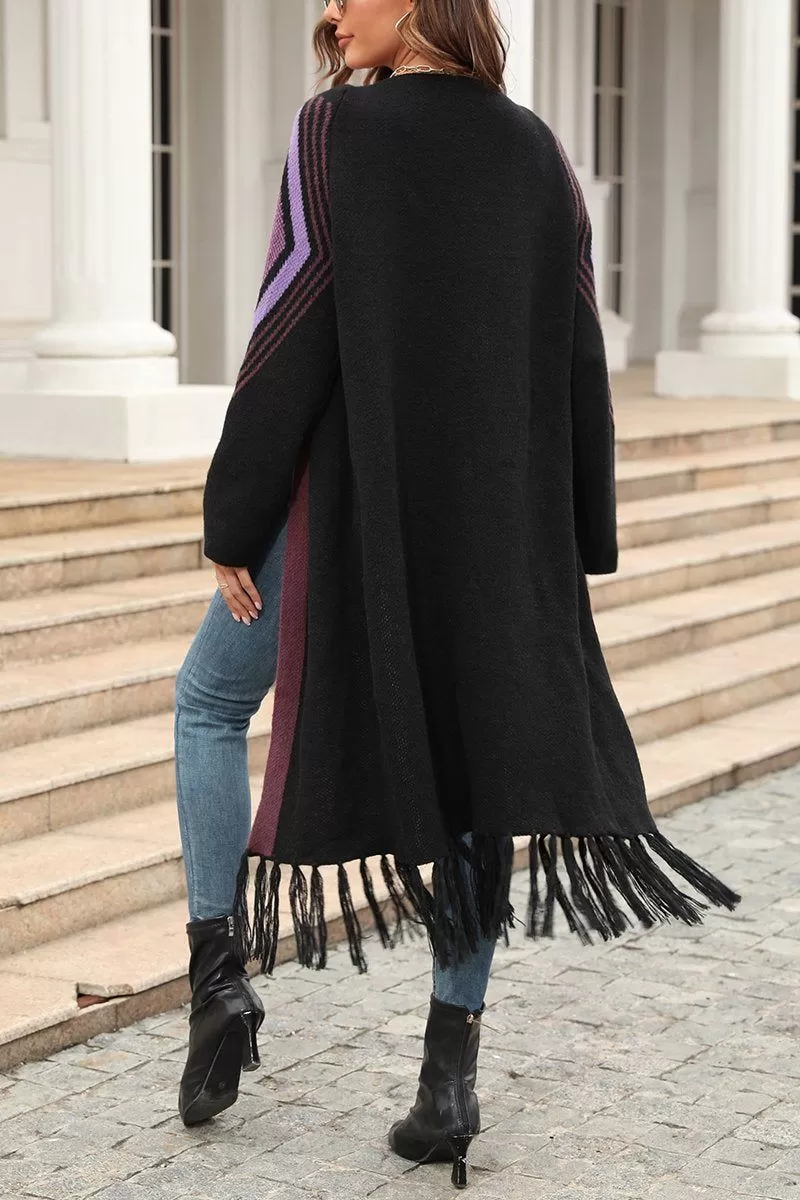 WOMEN TASSEL HEM PATTERNED LONG CARDIGAN