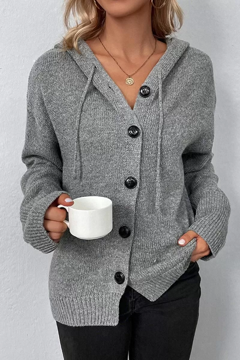 WOMENS KNITTED HODDY STYLE BUTTON DOWN CARDIGAN