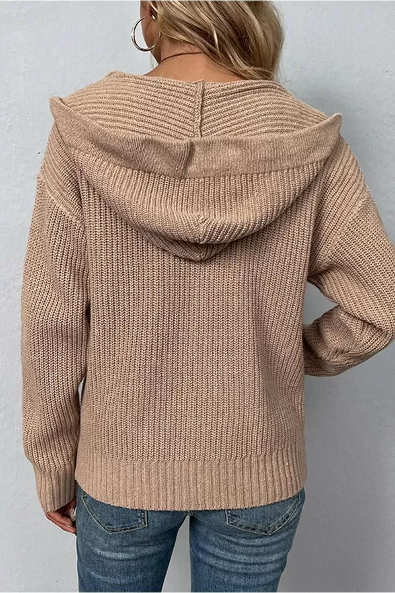 WOMENS KNITTED ZIP UP HOODIE CARDIGAN