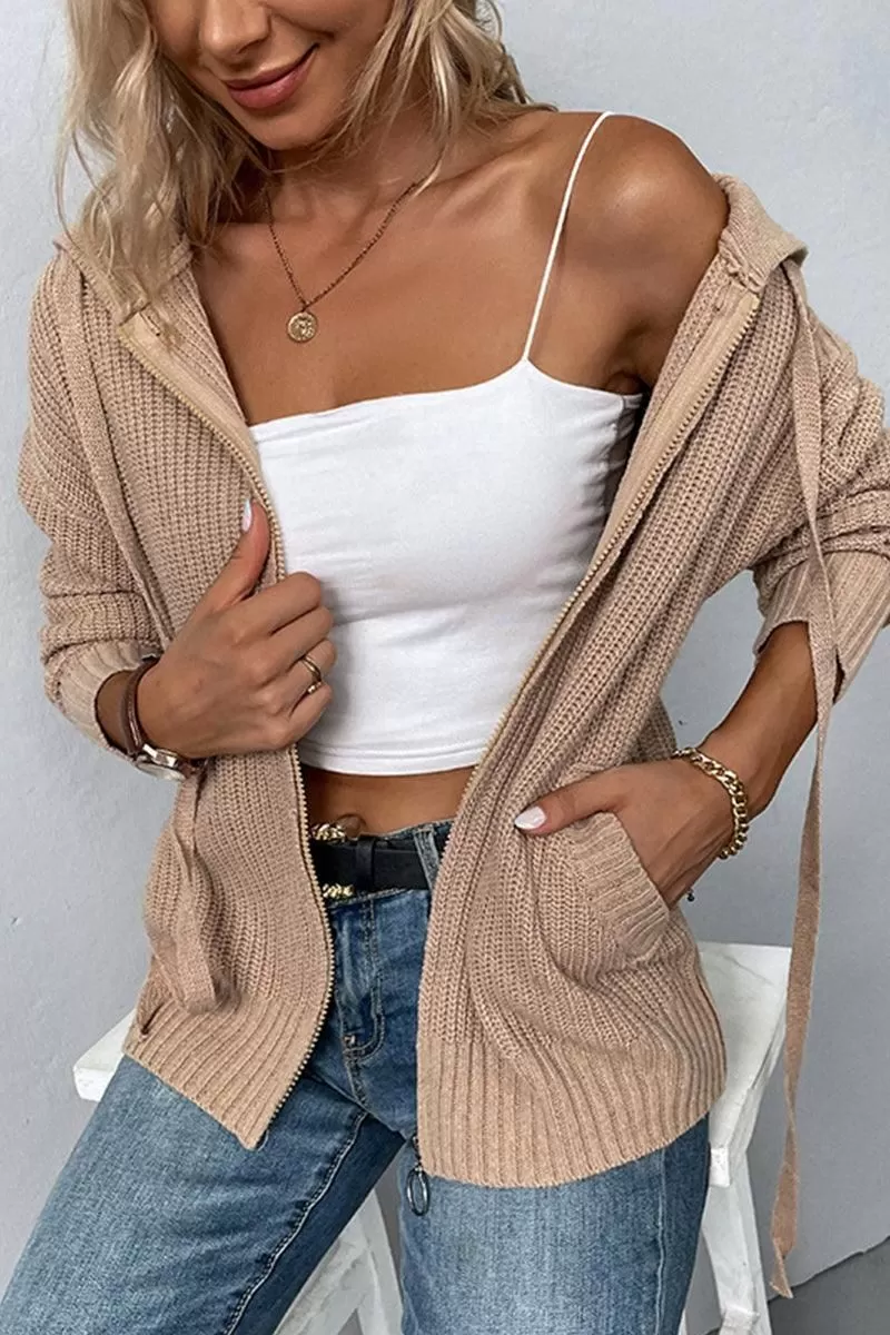 WOMENS KNITTED ZIP UP HOODIE CARDIGAN